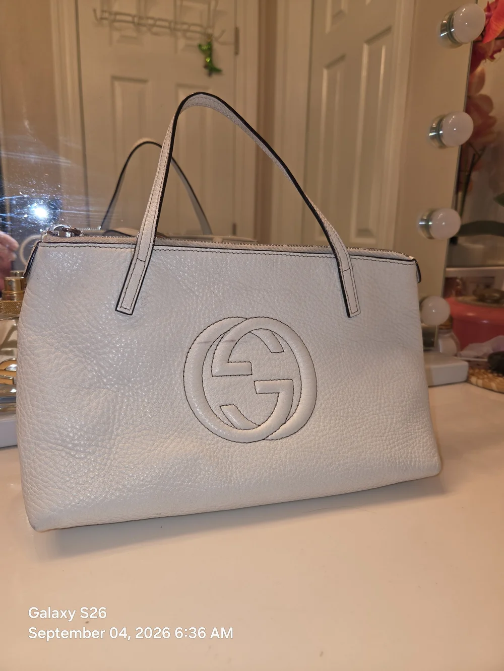 Gucci White Pebbled Leather Satchel with Embossed Double G